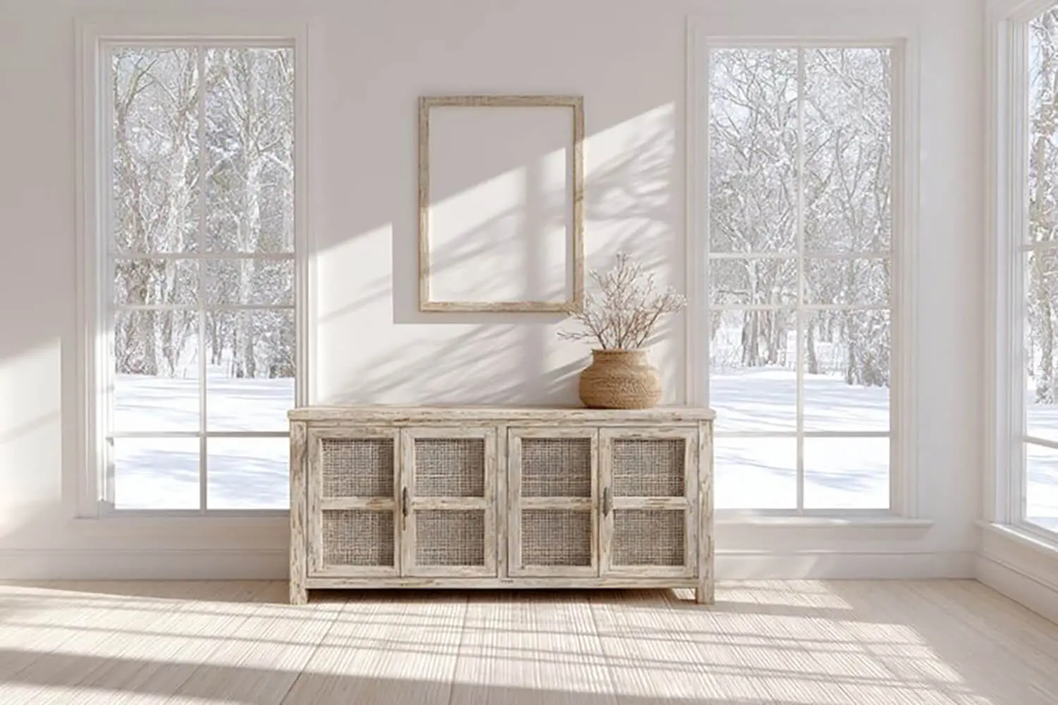 Interior room showing how dry winter air affects interior paint finishes, with bright natural light and snow visible through windows