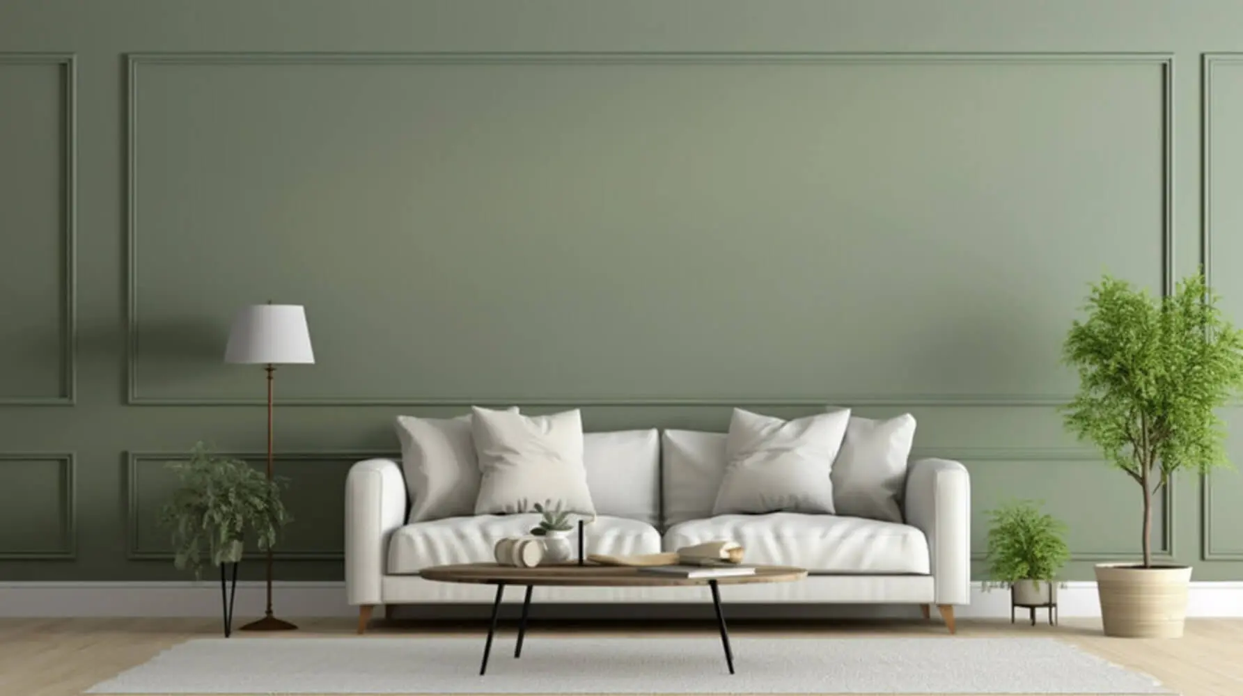 Sage green accent wall with panel moulding behind a white sofa, showing how a single wall can add depth and personality to a living room.