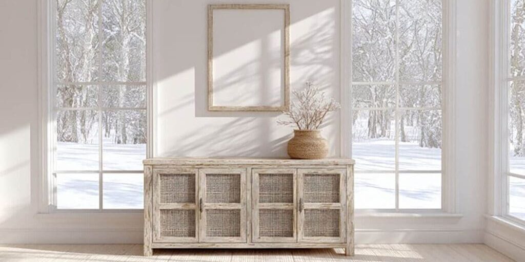 Interior room showing how dry winter air affects interior paint finishes, with bright natural light and snow visible through windows