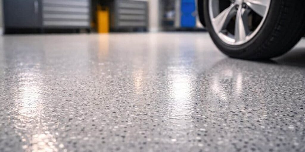 Epoxy garage floor surface in a clean residential garage, illustrating is spring the right time for epoxy garage floors in Whitby