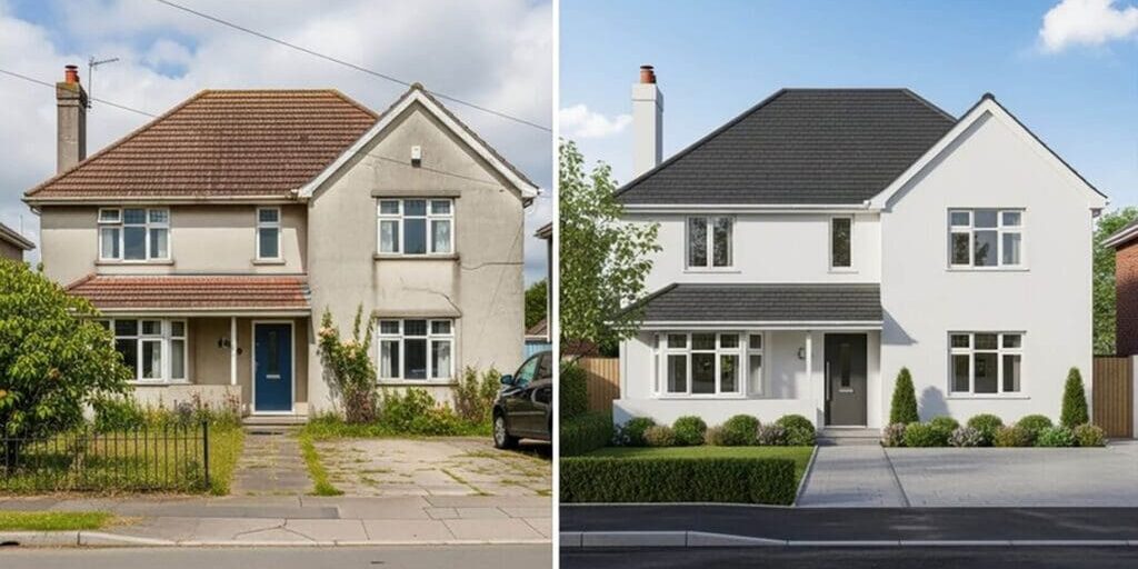 Before and after example showing how homeowners decide should you repaint or repair exterior surfaces to restore curb appeal and exterior condition.