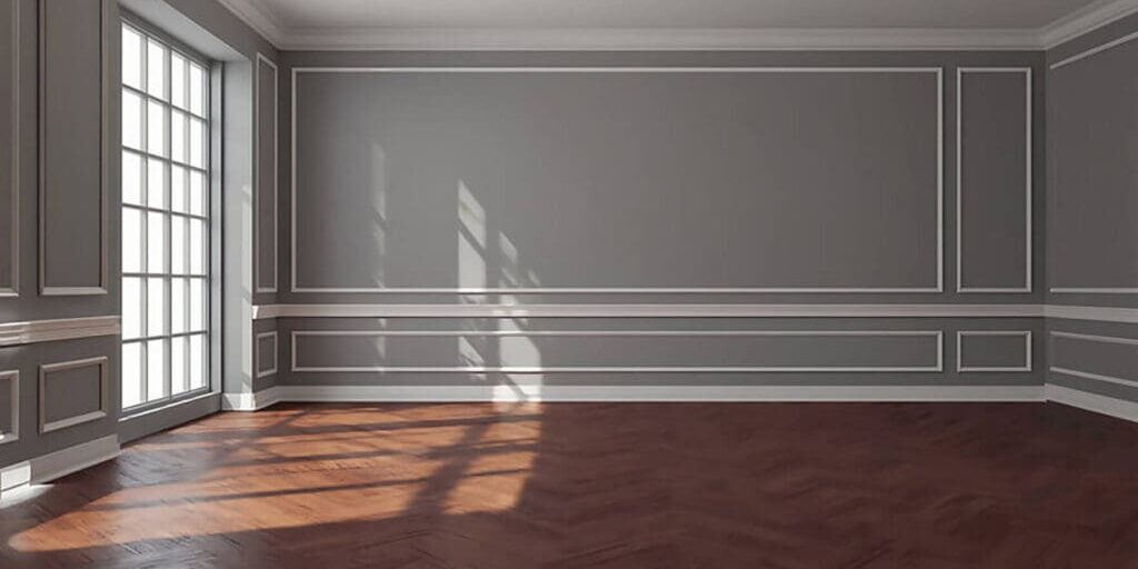 Gray living room walls with decorative trim and sunlight showing signs your interior walls need more than a touch-up