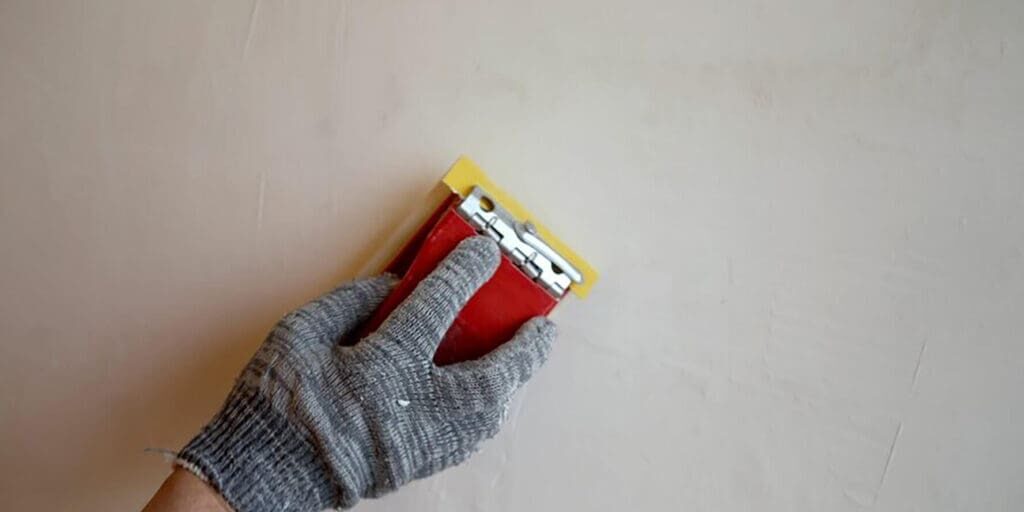 Surface preparation affects interior paint longevity as a gloved hand sands a drywall surface before repainting